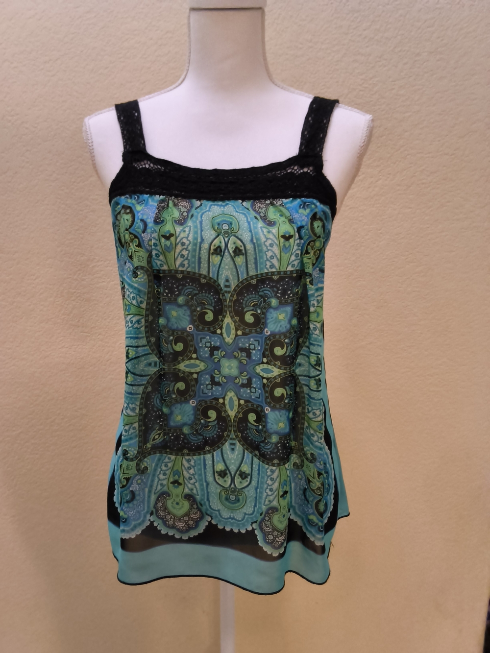 Turquoise Paisley Lace-Trim Camisole Tank Top
